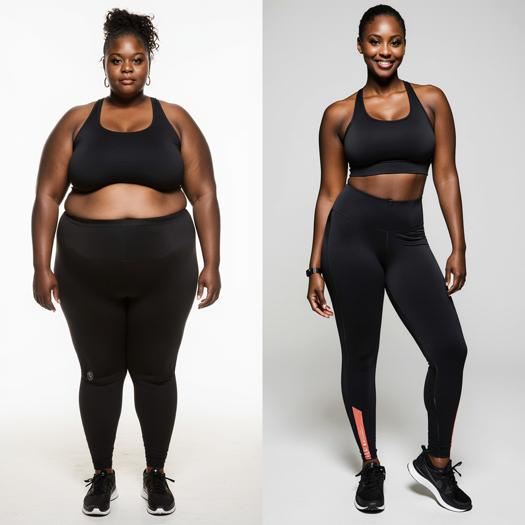 create a realistic side by side before and after transformation image of the same black woman clear sdd1lfi1twjfmeocmyyf 2