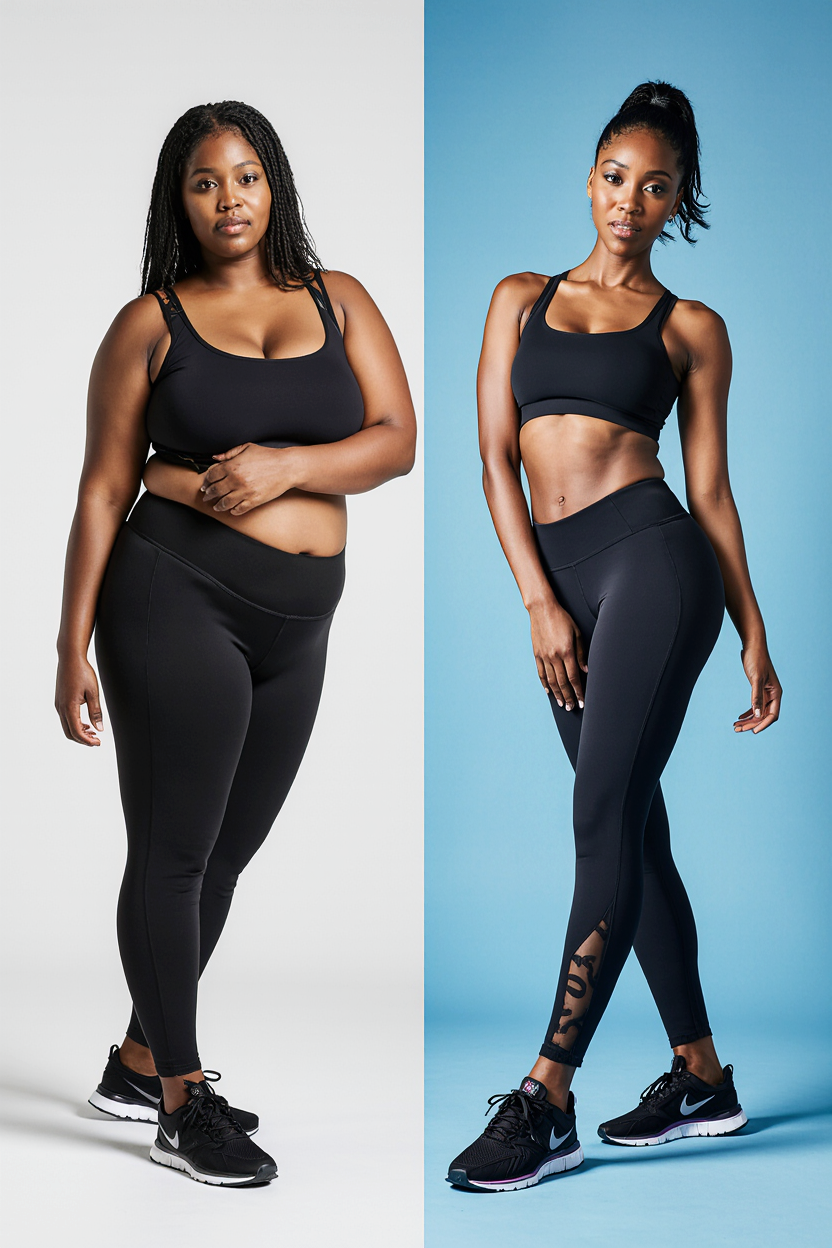 create an black woman who is having a fit body with six pack make 2 images before and after befor 8k1lpqxklb0xmd1v5lgr 0